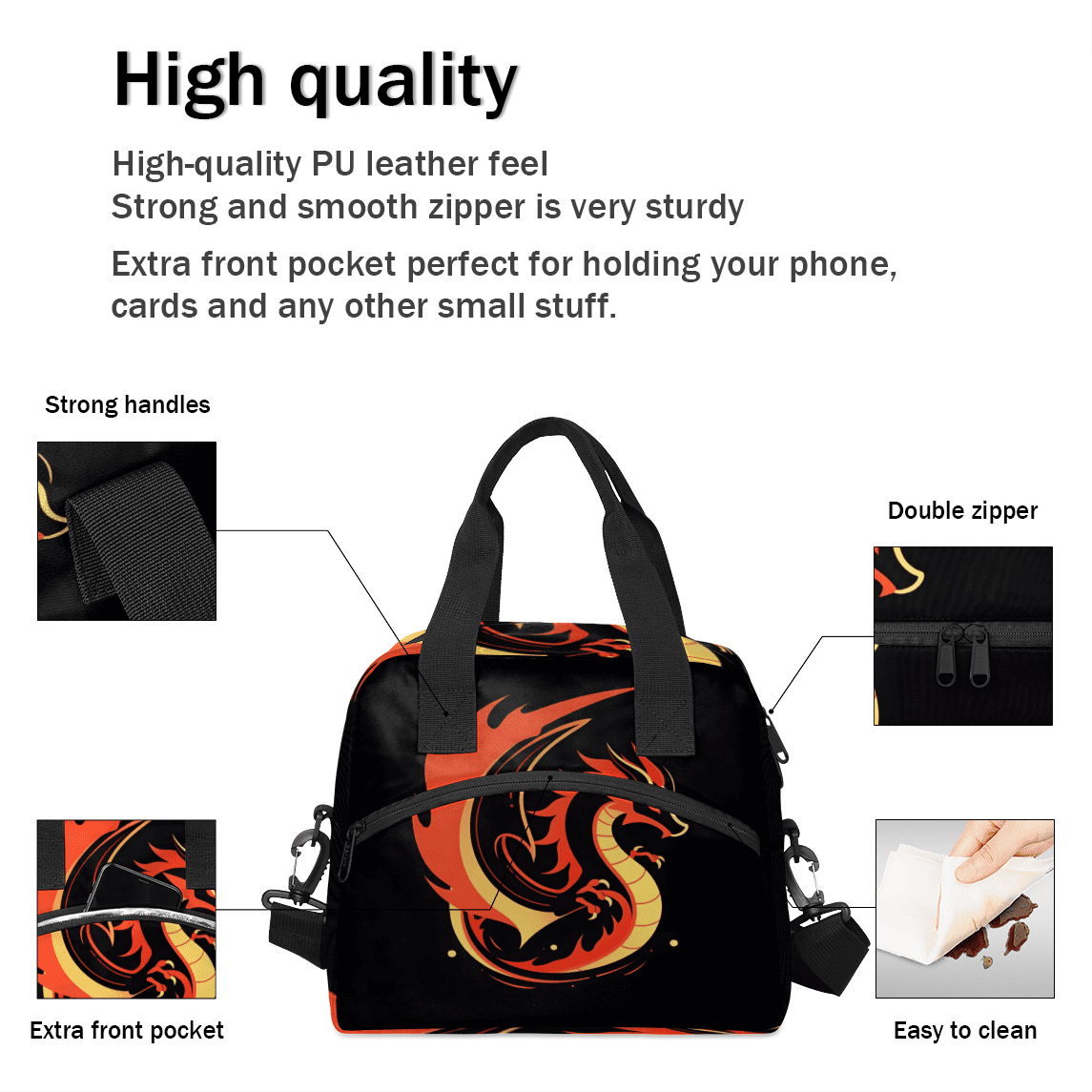 Herdesigns Dragon Insulated Lunch Bag for Women Men Adults Large Reusable Lunch Box Funny Leakproof Cooler Tote Bags with Adjustable Shoulder Strap