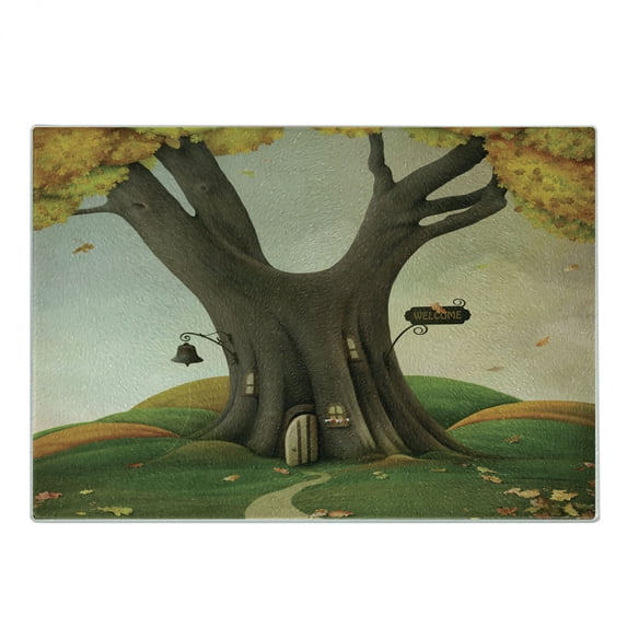 Tree Cutting Board, Style Cosy Tree Trunk House with Defoliated Autumn Leaves Piles, Decorative Tempered Glass Cutting and Serving Board, Small Size, Sepia and Lime Green, by Ambesonne