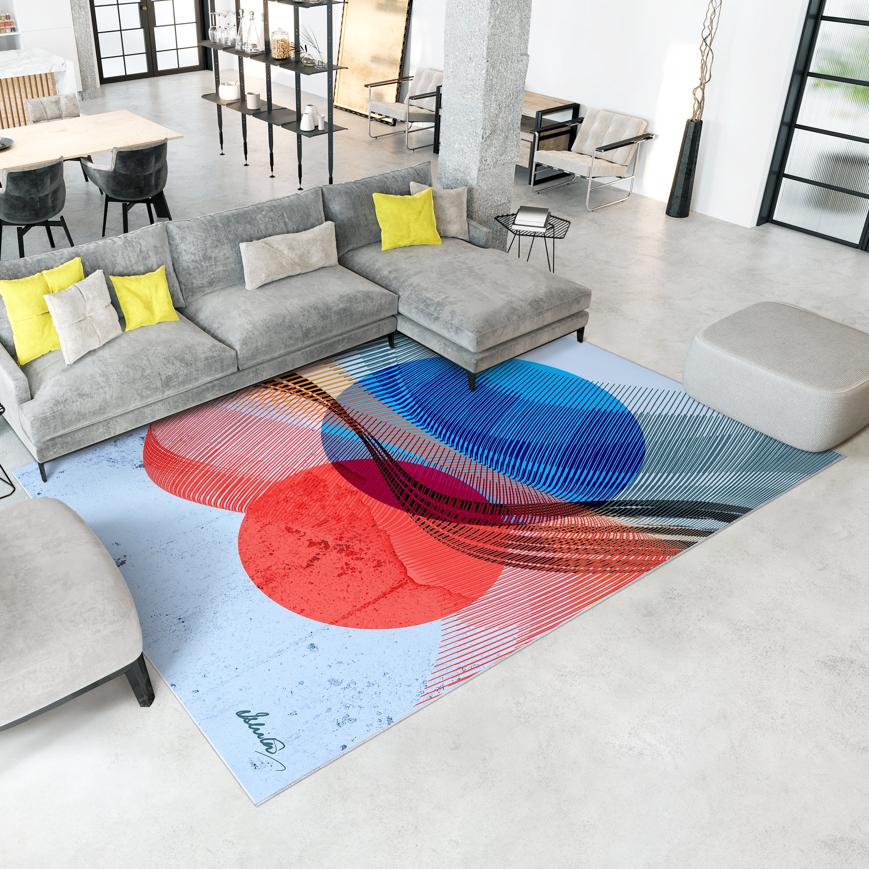 Ephemeral Sunset Washable Cirlces Art Area Rug size 8'x10', Power-loomed, Heavenly Softness with Non-Slipping Backing