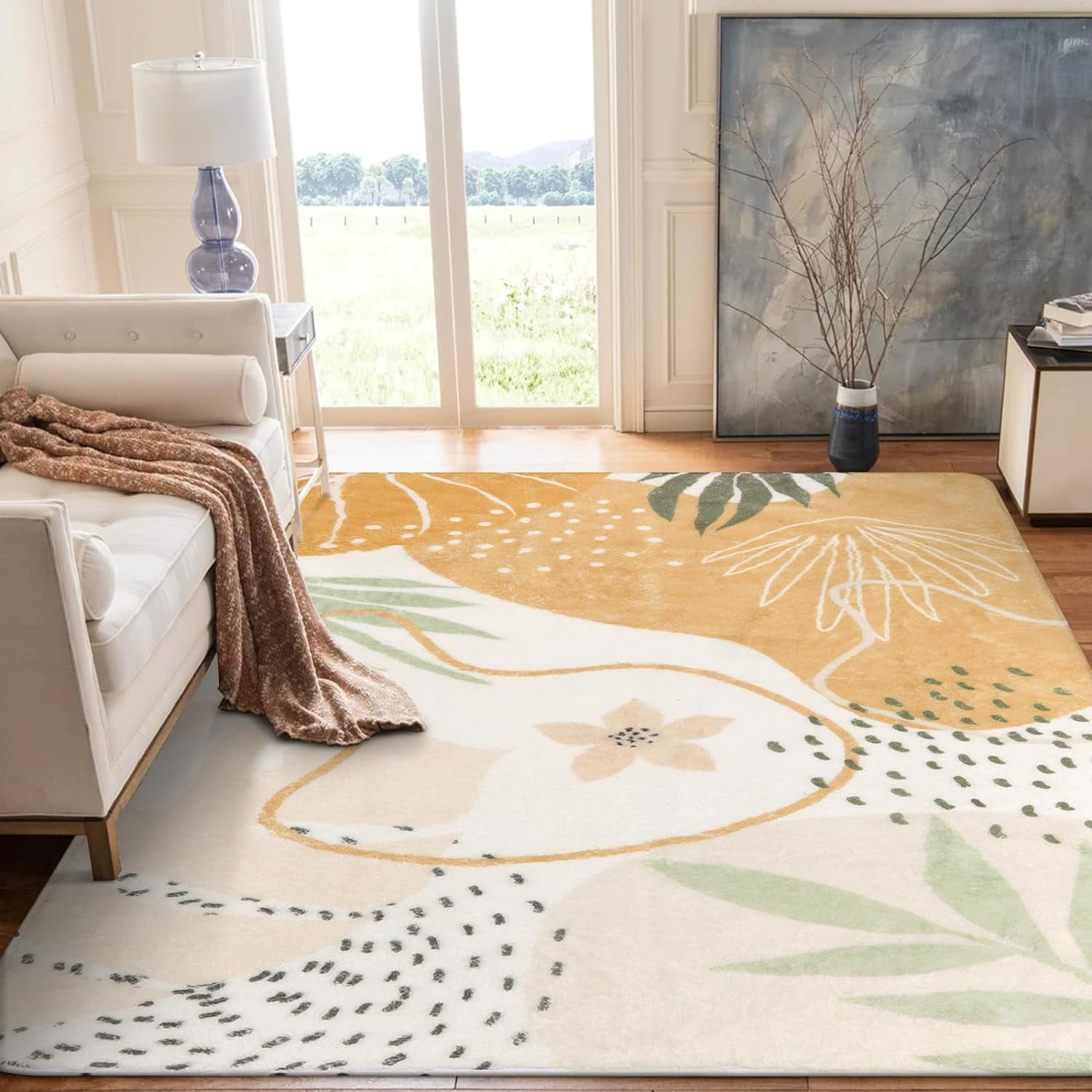 Moynesa 9'x12' Machine Washable Area Rugs,Yellow Non-Slip Large Living Room Rug Lightweight Throw Soft Carpet for Bedroom, Boho Botanical Print Ultra-Thin Indoor Rug for Dining Room