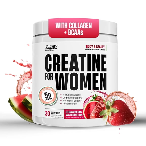 Creatine for Women Booty & Beauty – Strawberry Watermelon 5g Creatine, 2g Collagen, BCAAs & Hyaluronic Acid for Glutes, Strength & Skin Nutrex Research 30 Servings