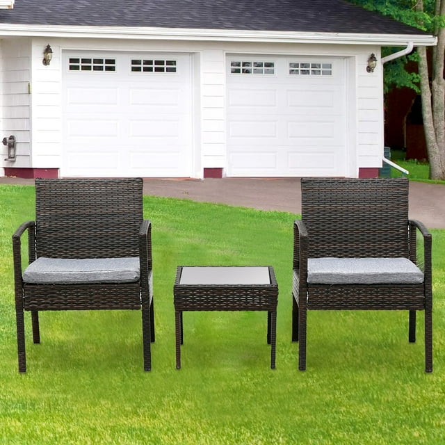 3-Piece Patio Furniture Sets in Patio & Garden, Outdoor Wicker Sofa Rattan Chair Garden Conversation Set for Backyard with Two Single Sofa, Removable Cushions, Tempered Glass Table, Q14120