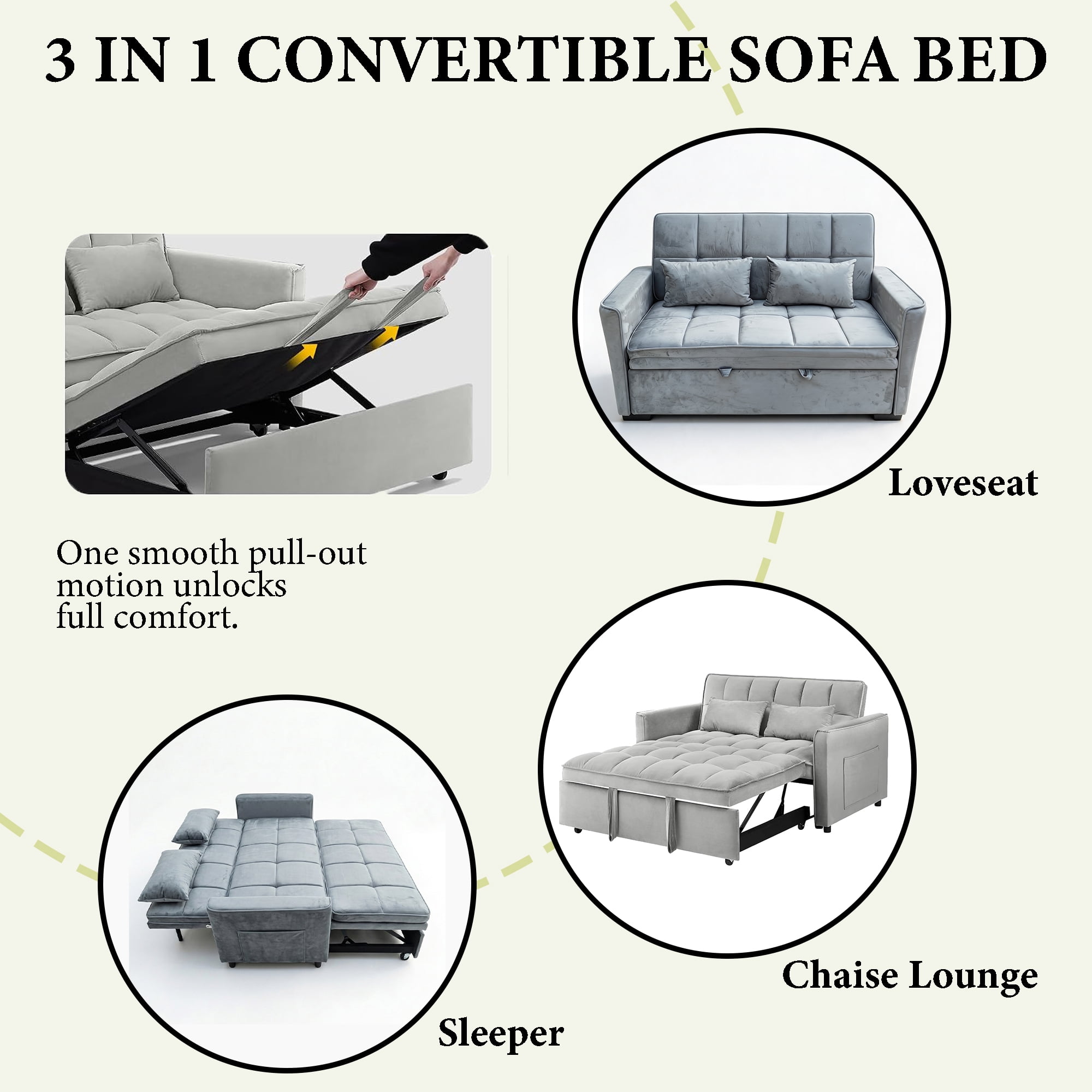 WAKEFIT 54" Pull-Out Sleeper Sofa Bed,3-in-1 Convertible Loveseat Couch with Adjustable Backrest for Small Living Room,Velvet,Light Gray