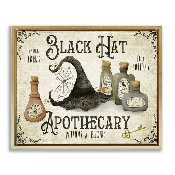 Stupell Industries Art Deco Vintage Black Hat Apothecary Gold Floating Frame Canvas Art, 21 x 17, by Deane Beesley