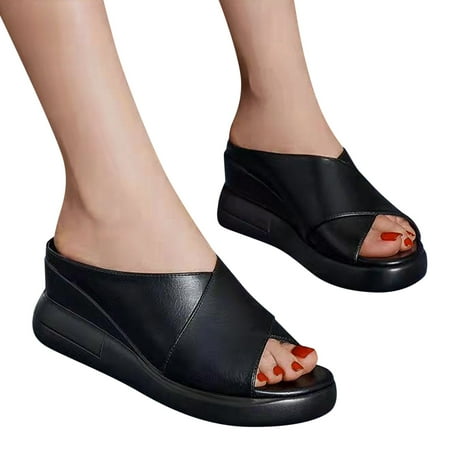 

〖Yilirongyumm〗 Black 40 Sandals Women Summer Platform Wedge Heel Sandals Comfortable Leather Sandals Peep Toe Wedges