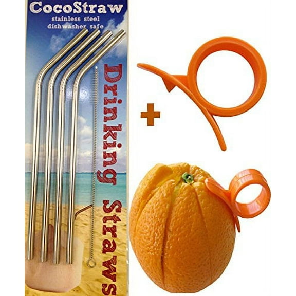 4 Stainless Steel Straws   FREE Cleaning Brush & Citrus Peeler -- FUN! Handy, Elegant, Metal, Washable, SAFE, NON-TOXIC non-plastic or glass - UNbreakable! CocoStraw Brand Drinking Drink Straw