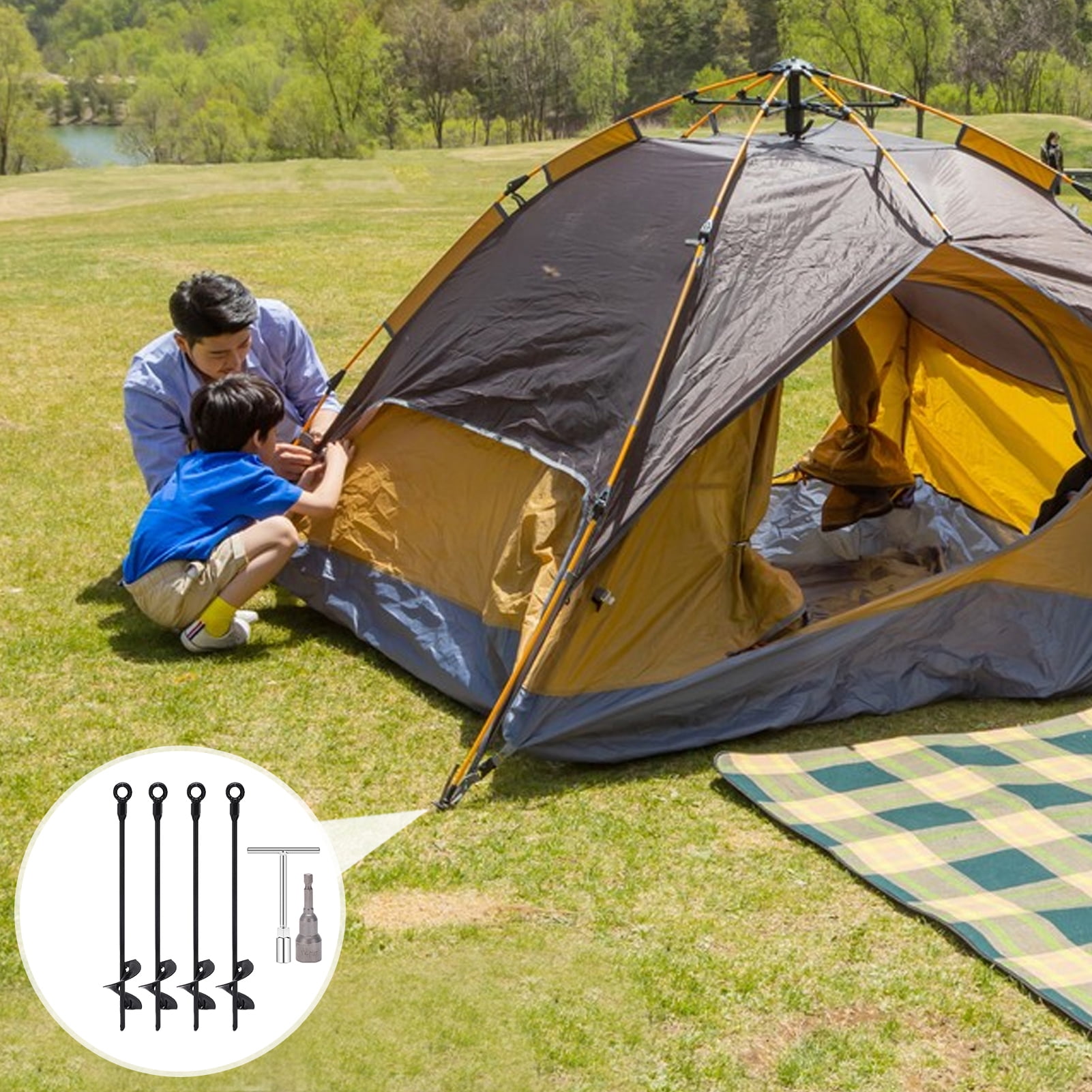 YIFAEUX 4Pcs Spiral Ground Anchors Heavy Duty Trampoline Anchors Anti-rust Coating Stable Fixation Tent Stakes with 14mm Drill Socket for Swings Sheds Tents Gazebos