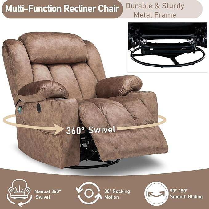 EPICOZY Swivel Rocker Recliner Chair with Heat and Massage, Manual Glider Rocking Reclining Chair, 360° Swivel Overstuffed Lounge Chair with 2 Cup Holders, Side Pockets & USB Ports, Fabric Brown