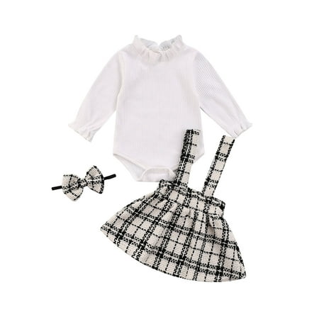 

Sunisery 3Pcs Newborn Baby Girls Outfits Long Sleeves Romper + Plaids Suspenders Skirt + Headband Set Black White 0-3 Months