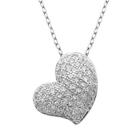 Fancy Puffed Heart - Round-Cut Clear CZ Rhodium-Plated Sterling Silver Puffed Heart Pendant, 18