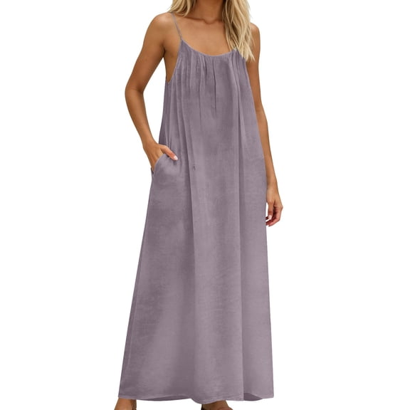 Fmbrln Dresses for Women Summer Sleeveless Crew Neck Spaghetti Strap Backless Long Maxi Dress Casual Loose Fit Beach Vacation Sundress with Pockets