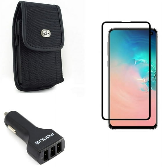 Galaxy S10e Case Belt Clip w Screen Protector w Car Charger - Rugged Holster Canvas, Tempered Glass 5D Curved Edge, 36W 3-Port USB 4.8A for Samsung Galaxy S10e Phone