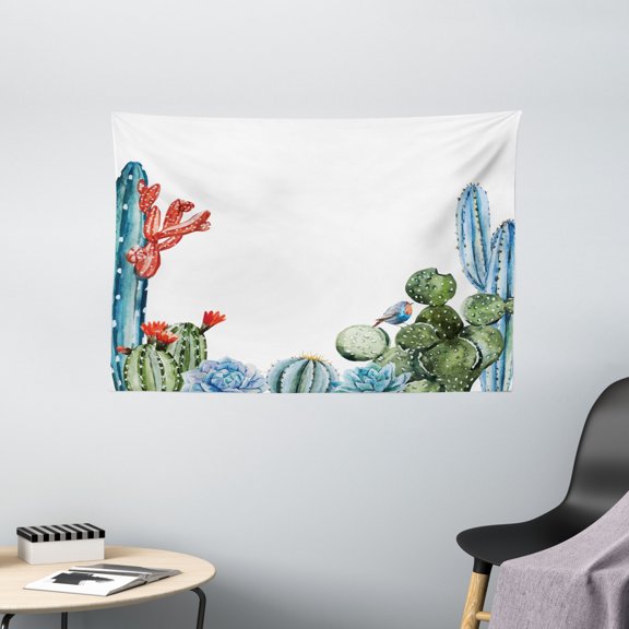 Cactus Decor Tapestry, Cactus Spikes Flowers with Birds Cartoon Vintage Like Colored Artwork, Wall Hanging for Bedroom Living Room Dorm Decor, 60W X 40L Inches, Green and Blue, by Ambesonne