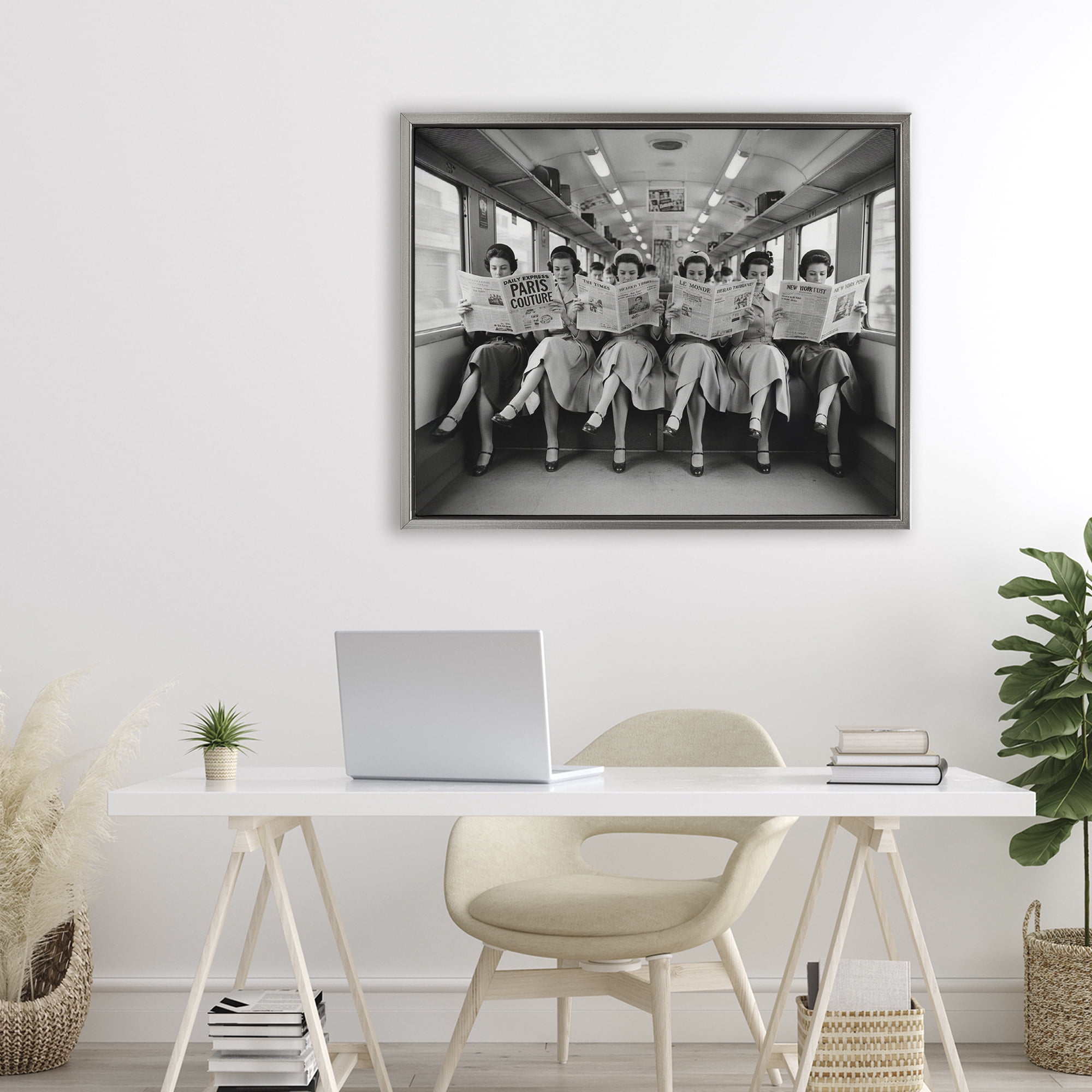 Stupell Industries Newsprint Ladies on Train Gray Framed Floater Canvas Wall Art, design by A Barefoot Stylist