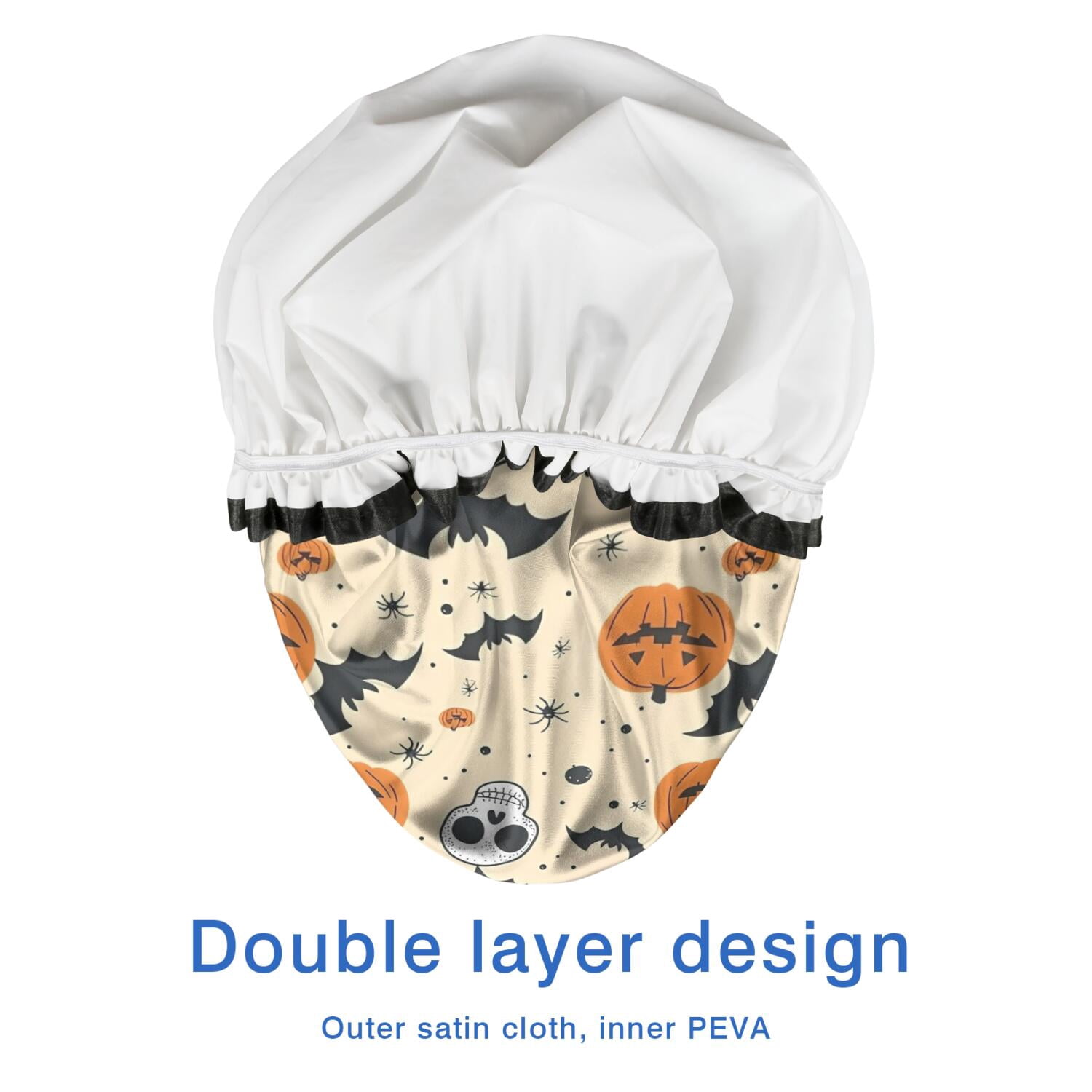 Shower Caps,Halloween Pumpkins Bats Skulls and Spiders Waterproof Shower Cap for Women 4 Pieces,Double Reusable Hair Cover for Shower PEVA Elastic Stretch Hem
