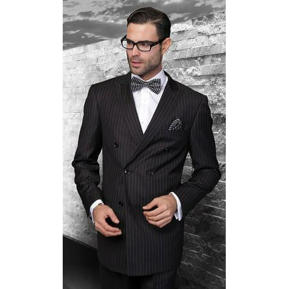 Wool Black Pinstripe Double Breasted Suit Alberto DB-1 Pins