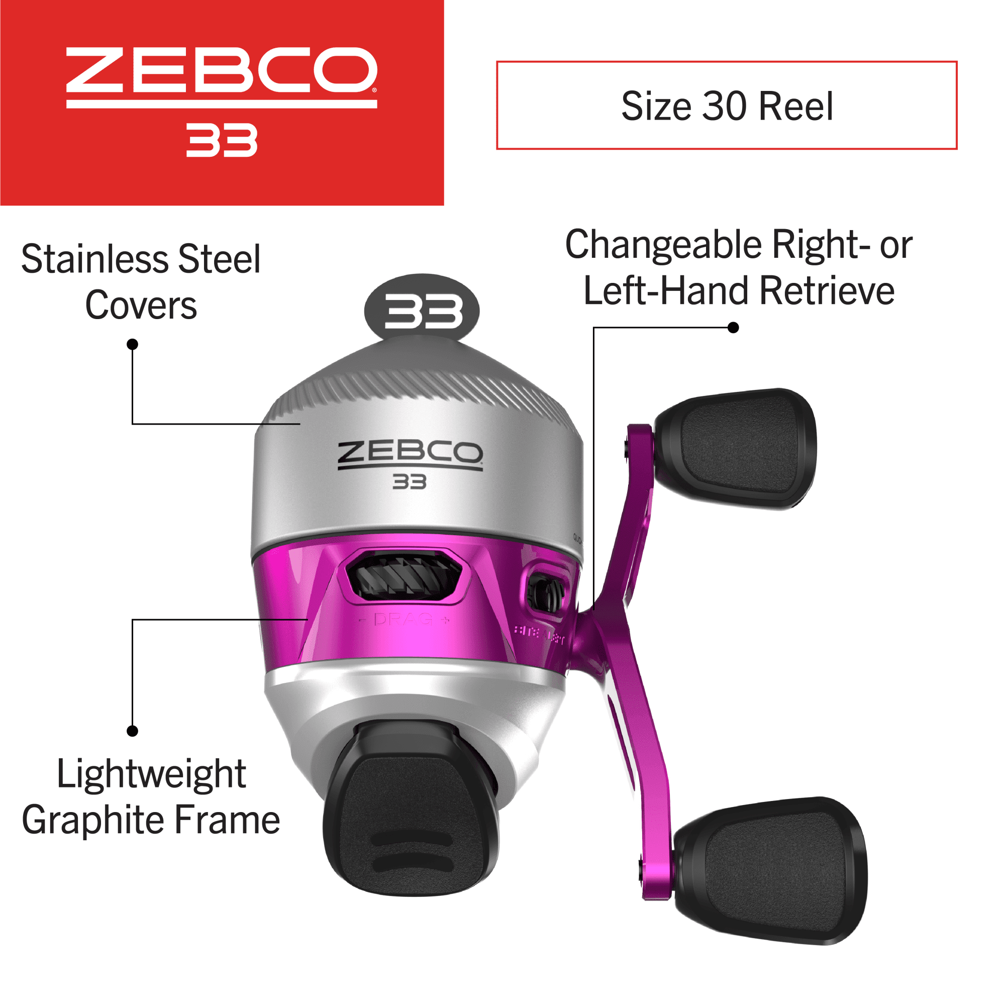 Zebco 33 Spincast Fishing Reel, Size 30, Pink (Clam Packaging)