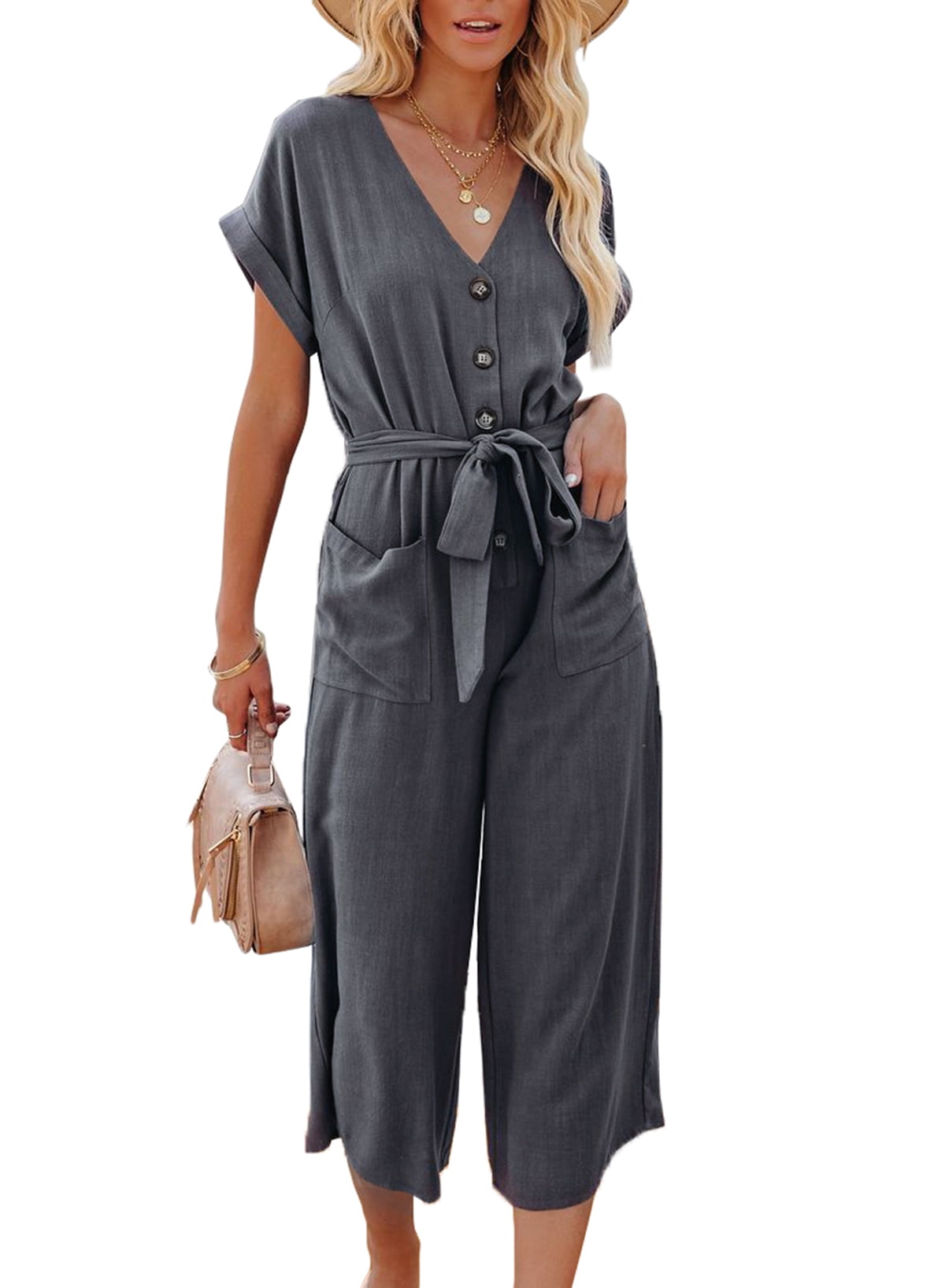 Boohoo V Neck Belted Jumpsuit in Grey Womens Clothing Jumpsuits and rompers Full-length jumpsuits and rompers Grey 