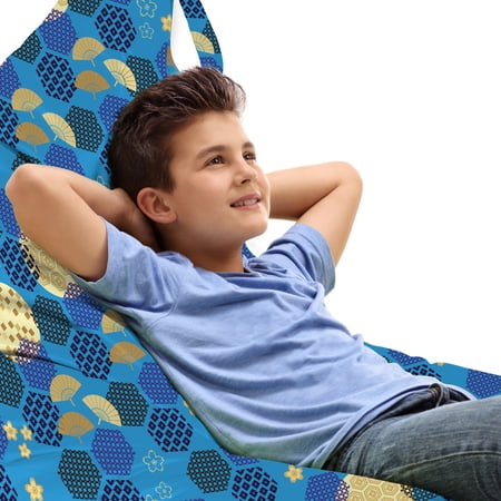 Japanese Lounger Chair Bag  Folkloric Ornamental Hexagons Ethnic Fans and Flowers Art  High Capacity Storage with Handle Container  Lounger Size  Azure Blue and Multicolor  by Ambesonne