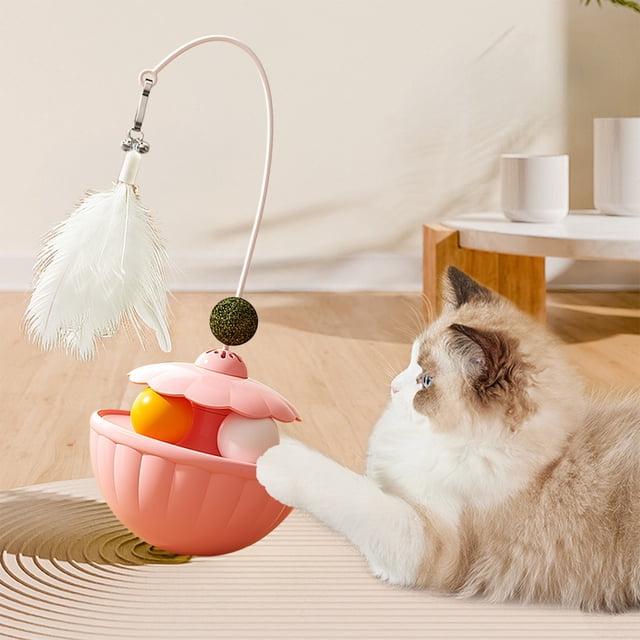 Juguete de poliuretano Roly dispensador de comida para gatos | Teaser interactivo de plumas con bolas de menta | Diseño de tambor plástico duradero | Verde, Rosa, Amarillo | 9,84 x 3,54 pulgadas