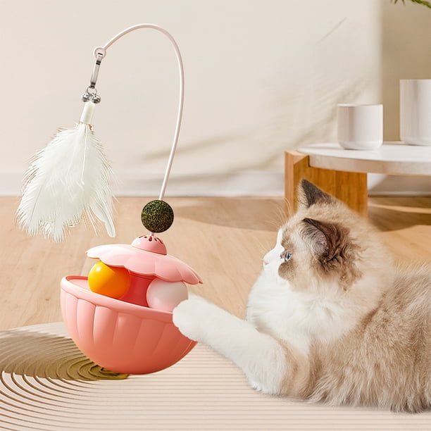 Juguete interactivo para gatos con plumas y bolas de menta | Diseño de vaso giratorio para jugar y ejercitarse | Juguete educativo con dispensador de comida para gatos de interior