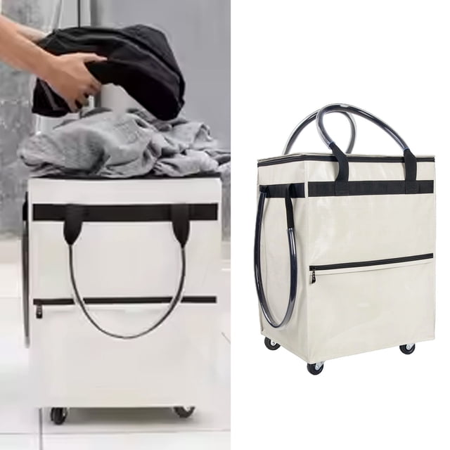 Sac d'Épicerie Réutilisable sur Roues, Chariot de Magasinage Portable Étanche à Grande Capacité avec Fermeture Éclair, Sac Fourre-Tout Pliable à Roulettes avec Poignée pour le Camping, les Voyages et le Gym