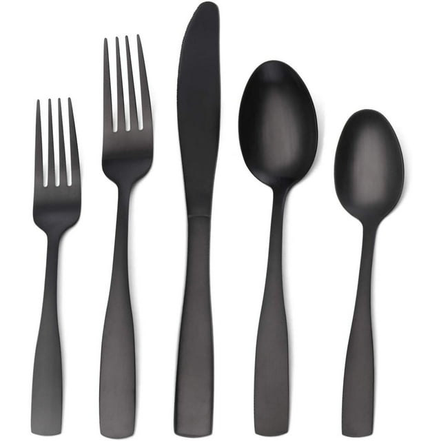 Xiao Hua Juego de cubiertos negro mate, juego de cubiertos de acero inoxidable, juego de cubiertos de 5 piezas, utensilios de cocina, lavables en lavavajillas