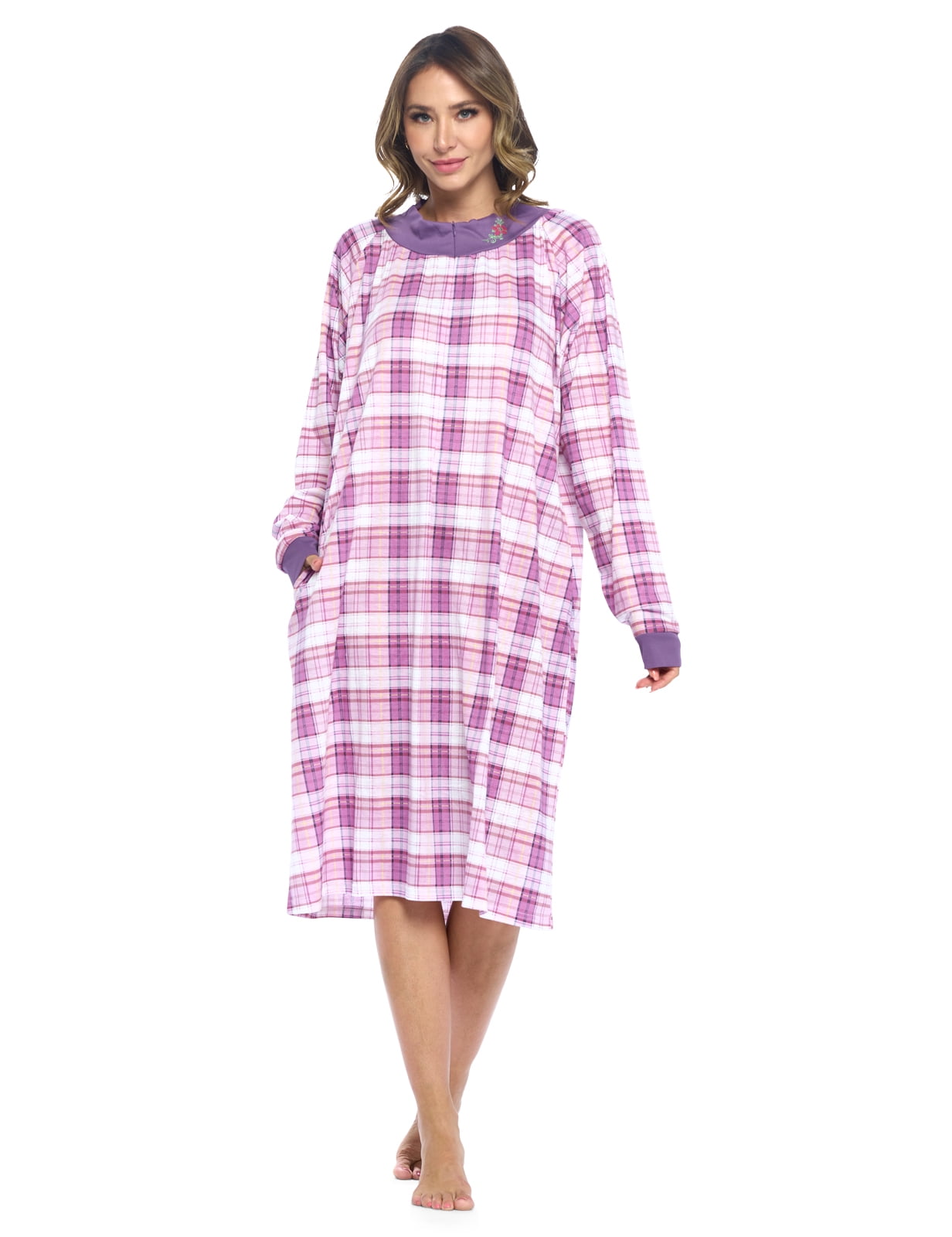 5 Sizes ZIPAA Womens Cotton Plaid Nightshirt 3/4 Sleeve Button-Down Nightgown Flannel Sleepshirt