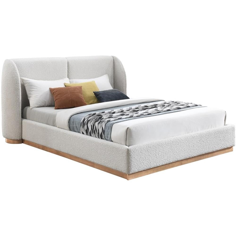 Pemberly Row Contemporary Cream Boucle Fabric Queen Bed in Natural Oak Finish