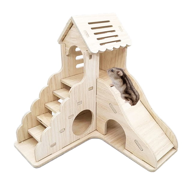 Accesorios para jaula de escondite para hámster, casa para hámster y cabaña de madera para hábitat con escalera para subir y tobogán para jerbos enanos