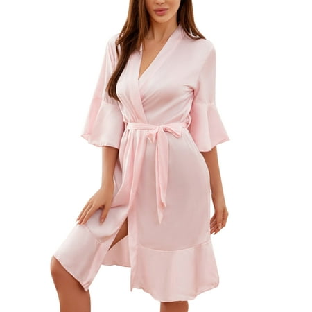 

Girls Ladies Solid Color Satin Color Ding Ruffled Edge Nightgown Home Clothes Bridal Morning Gown Elastic Silk Short Gown Nightdress Pajamas