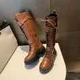 thumbnail image 3 of Knee High Riding Boots for Women Vintage Leather Gothic Studded Buckle Straps Lace up Zipper Over the Knee Platform Tall Booties, 3 of 6