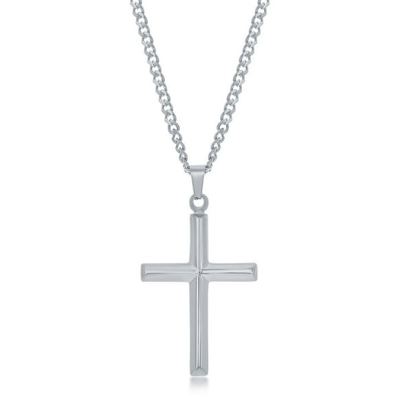 Men’s Polished 3D Cross Pendant Necklace | Silver Stainless Steel 24” Cuban Link Chain Necklace | Religious Jewelry for First Communion, Baptism, or Confirmation