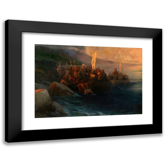 Ivan Ayvazovsky 14x11 Black Modern Framed Museum Art Print Titled - The Disembarkation of Christopher Columbus with Companions on Three Launches, on Friday 12th October 1492, at Sunrise, on