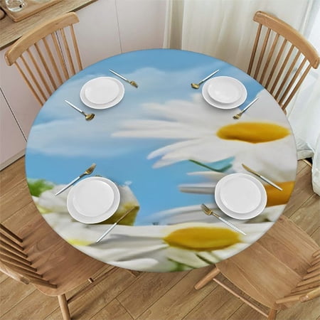 HAOXIT Floral Round Fitted Tablehs White Daisy Flower Elastic Edge Polyester Decorative Table hes Fits Round Table Waterproof Stain Proof Table Cover For Decor Use Table 31-35