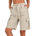 thumbnail image 2 of Bloomae Bermuda Shorts for Women Knee Length Casual Wide Leg Drawstring Elasitc High Waist Hiking Work Summer Cargo Shorts with Multi-Pockets, 2 of 8