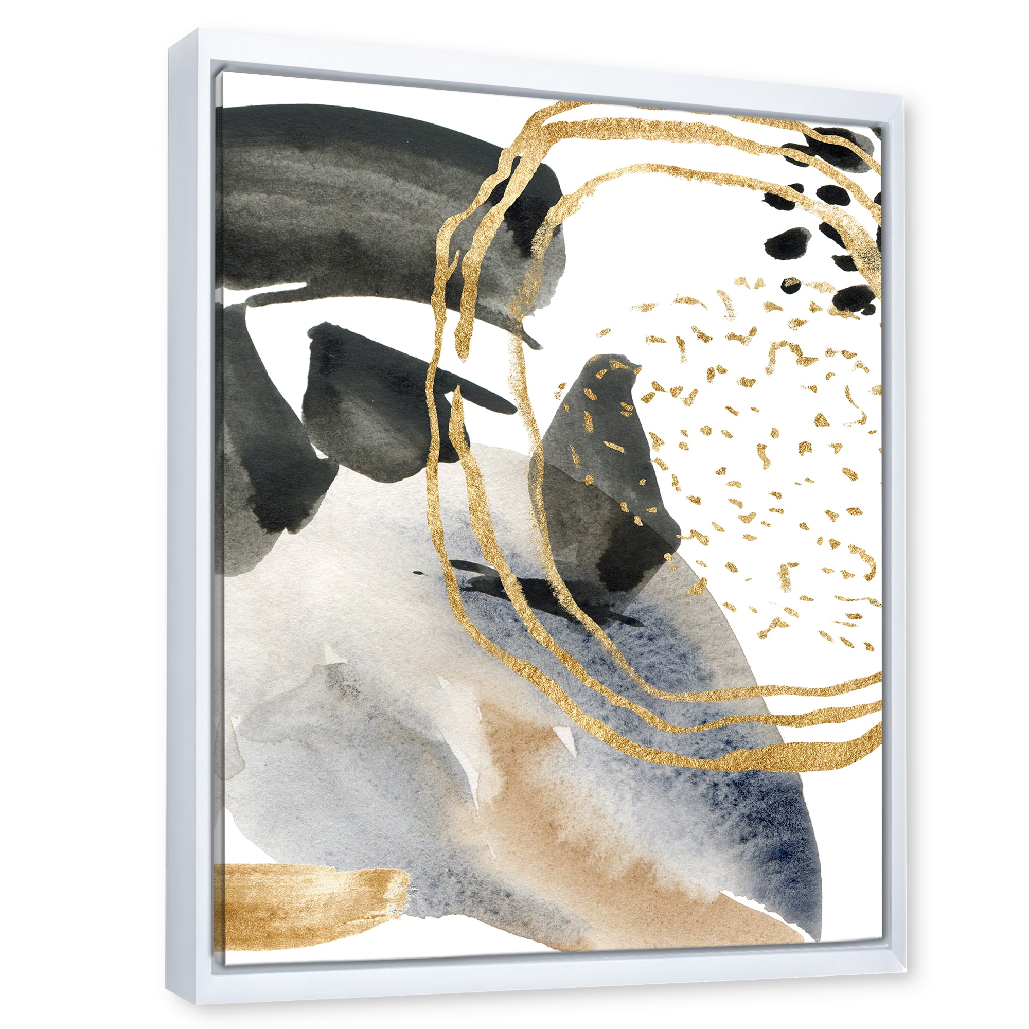 Pastel Abstract With Black Blue Beige and Gold Spots 24 in x 32 in Framed Painting Canvas Art Print, by Designart
