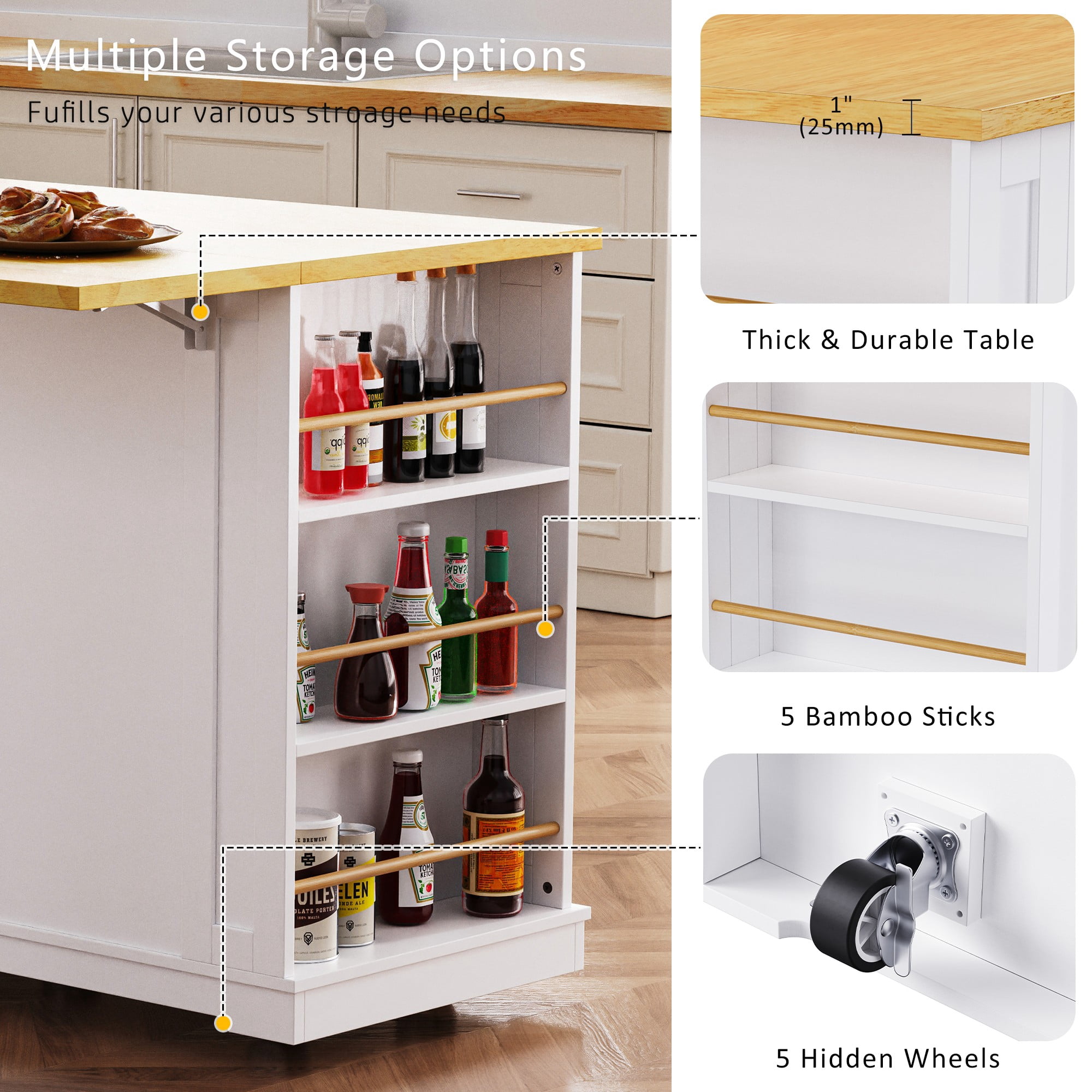 53" Island Table for Kitchen with Drop Leaf, Power Outlet, Kitchen Island with Storage, Rolling Kitchen Cart on 5 Wheels with 5 Open Side Racks (Not include bar stools)