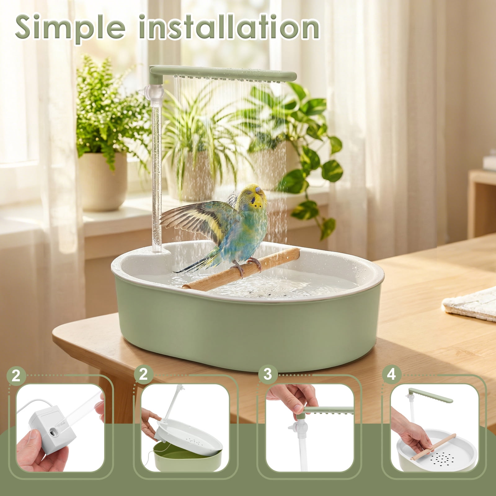 Automatic Parakeet Bird Bath with Pump Adjustable Water Flow Speed Control Valve 5W Quiet Shower Fountain for Small Birds Cockatiel Lovebird Budgie