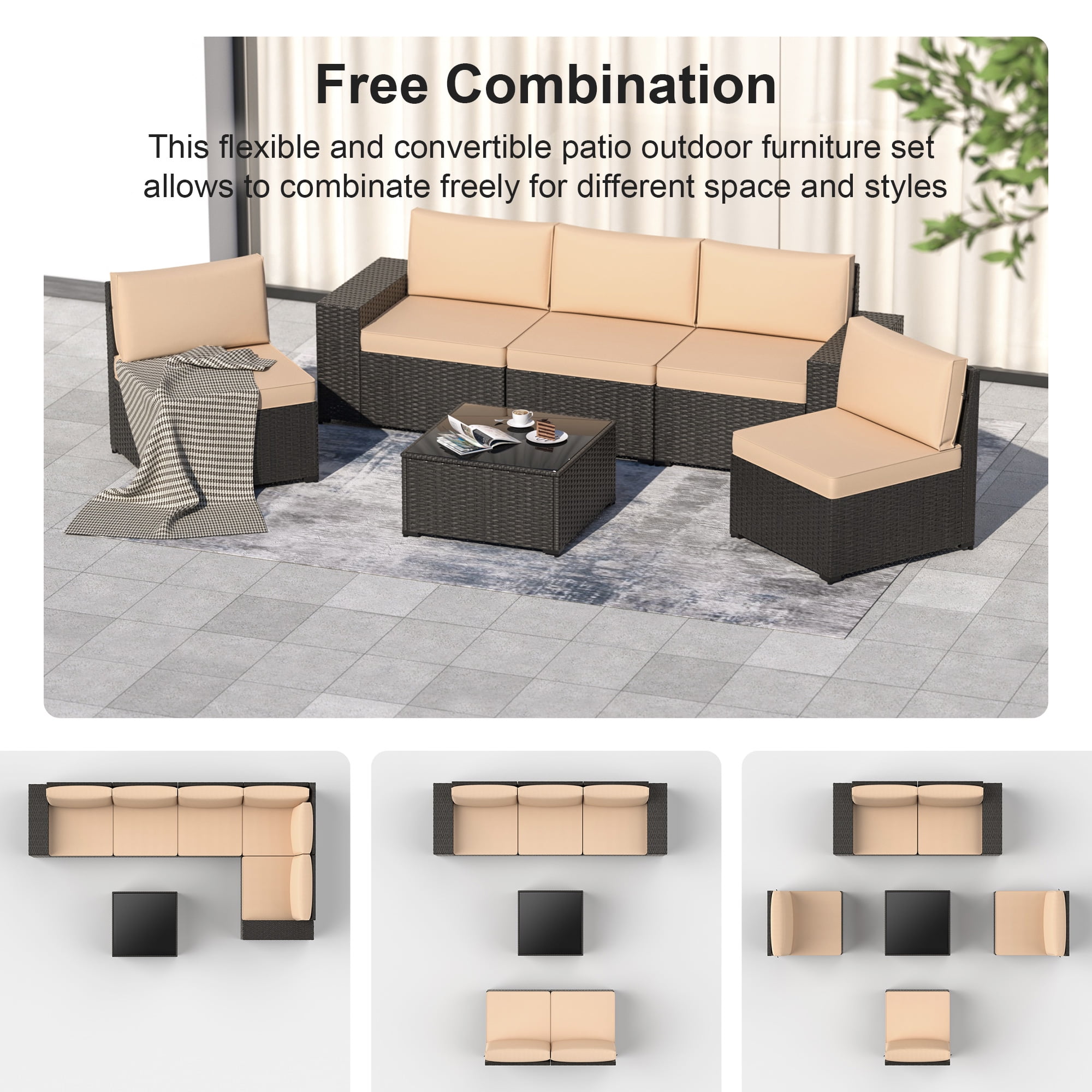 GOJOOASIS 6 Pieces Patio Furniture Set Outdoor Wicker Sectional Sofa With Cushion And Glass Table for Porch