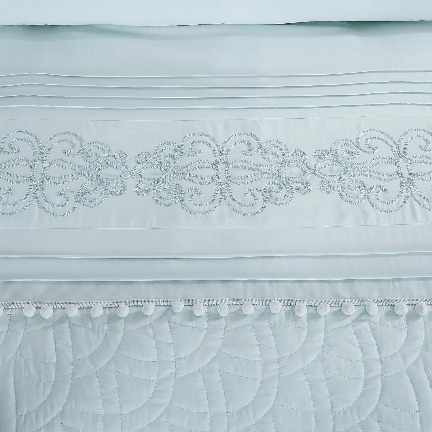 Chezmoi Collection 7-Piece Graceful Pale Blue Floral Chenille Pom Pom Embroidery Comforter Set, Queen