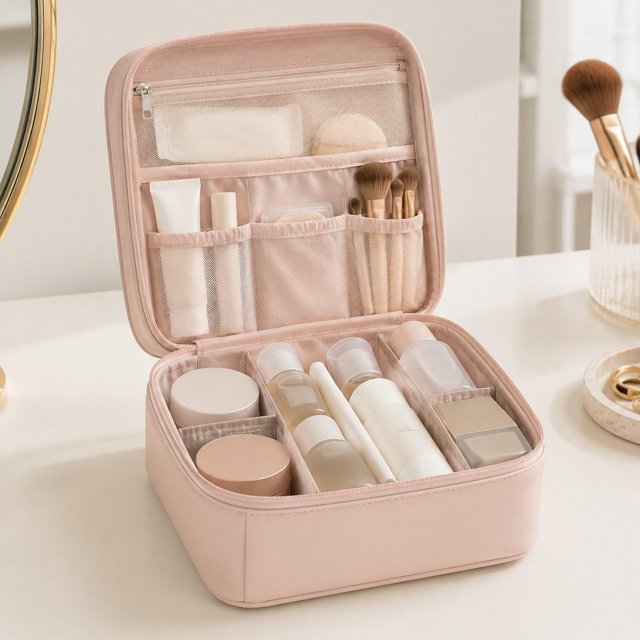 Neceser de maquillaje de pie, organizador de maquillaje de , multiusos, impermeable, esencial para mujeres y niñas, gran capacidad, portátil. rosa claro