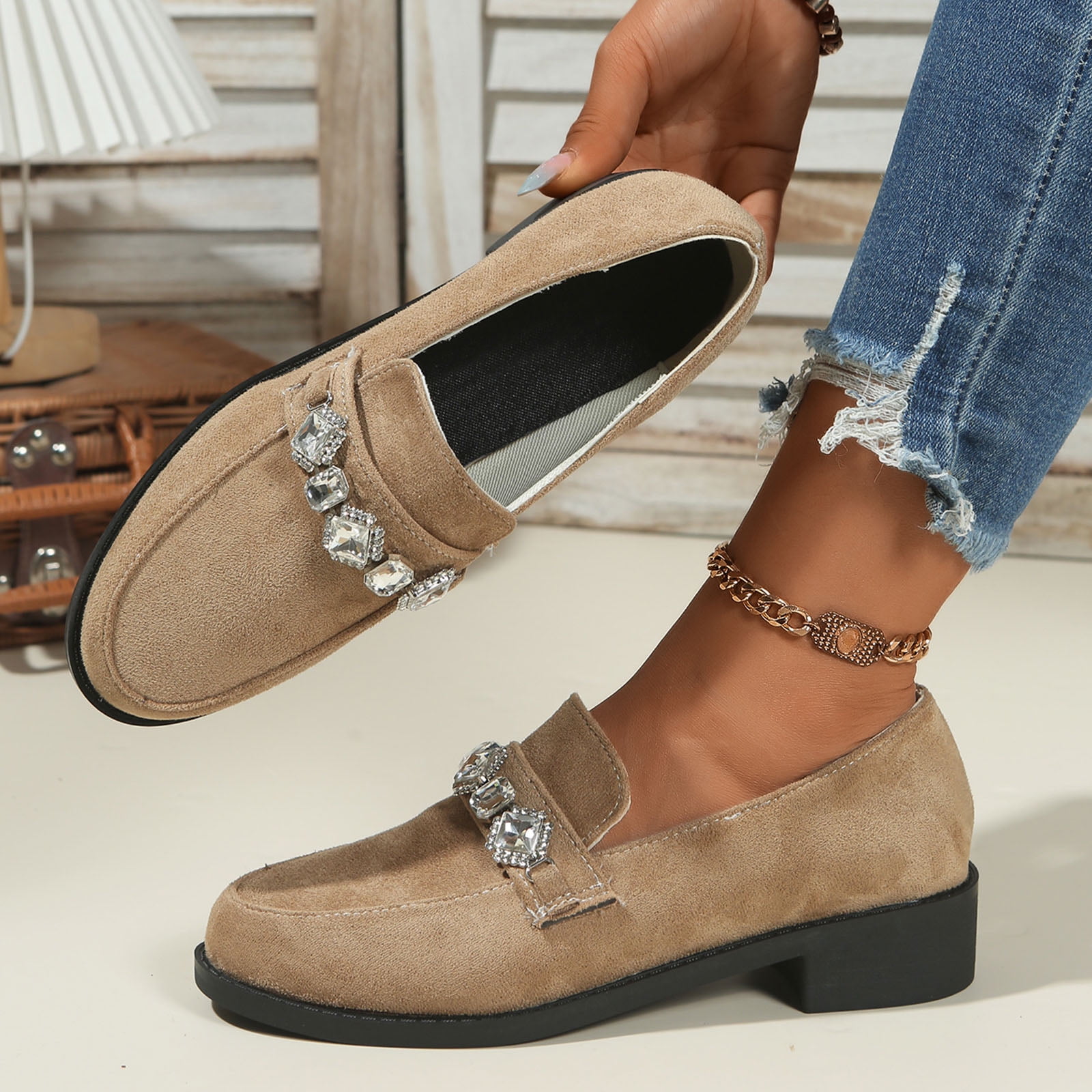 Suede Loafers for Women Comfortable Slip On Glitter Rhinestone Dress Shoes Block Low Heel Non Slip Fall Shoes Beige Size 6