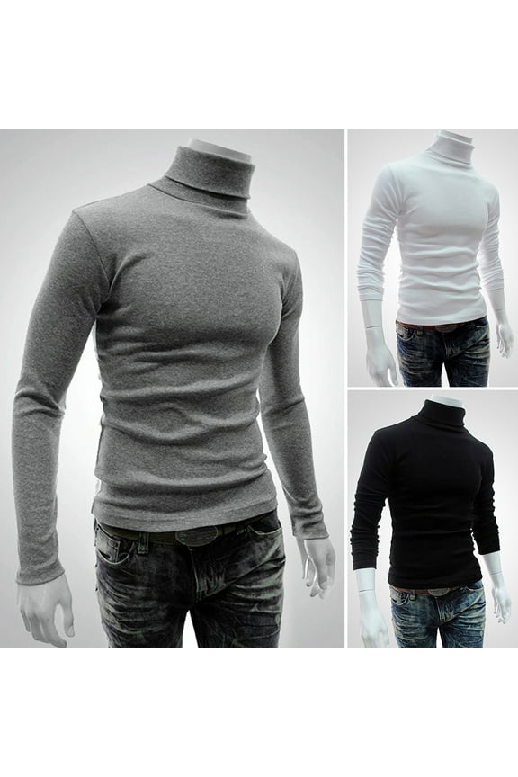 Premium Cotton Blend Interlock Turtleneck Men T-Shirt Pullover Sweater Solid Color Stretchy Knitted Shirt for Autumn Winter