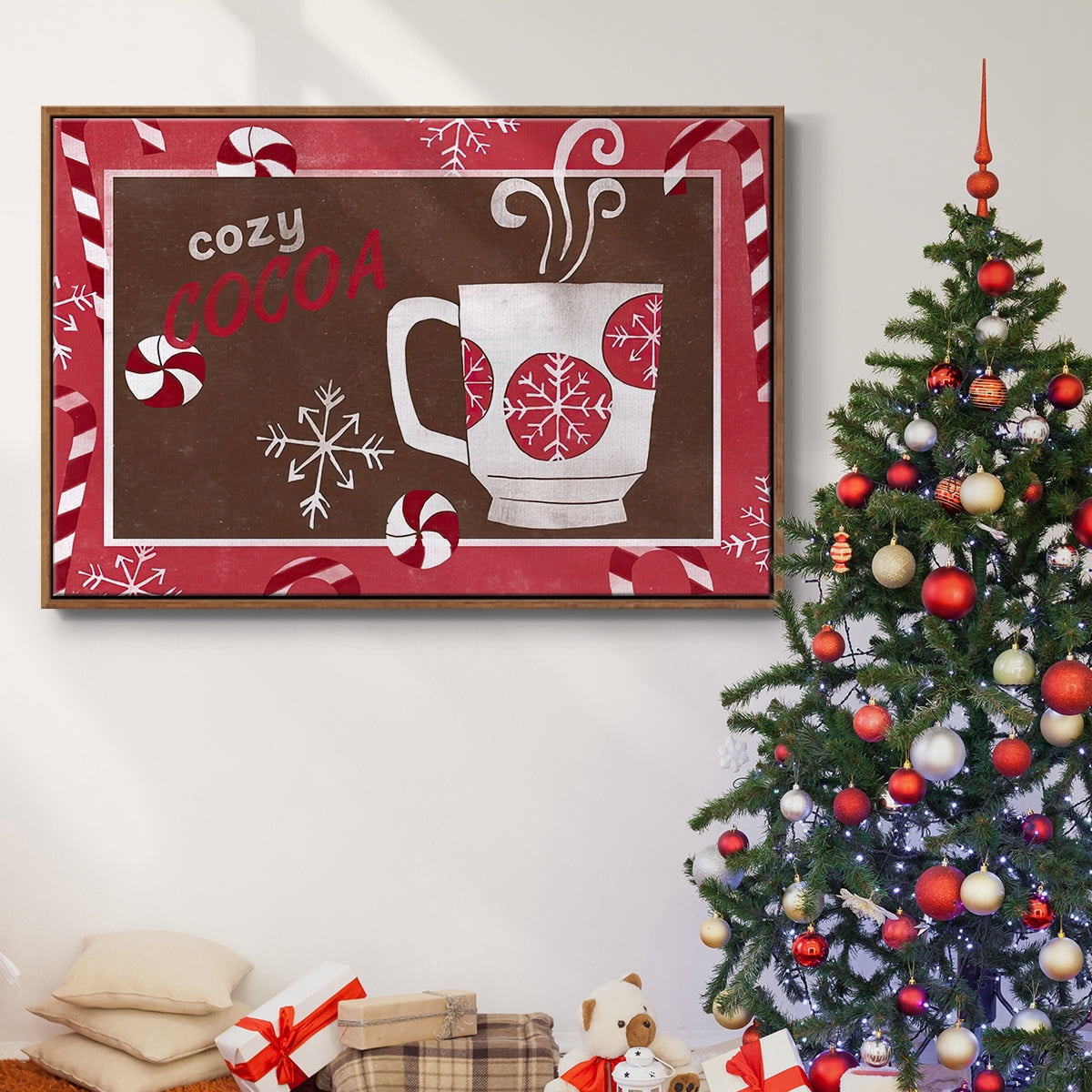 Cozy Cocoa Christmas Collection A - Framed Gallery Wrapped Holiday Canvas - 27 x 41 - Rosewood Frame