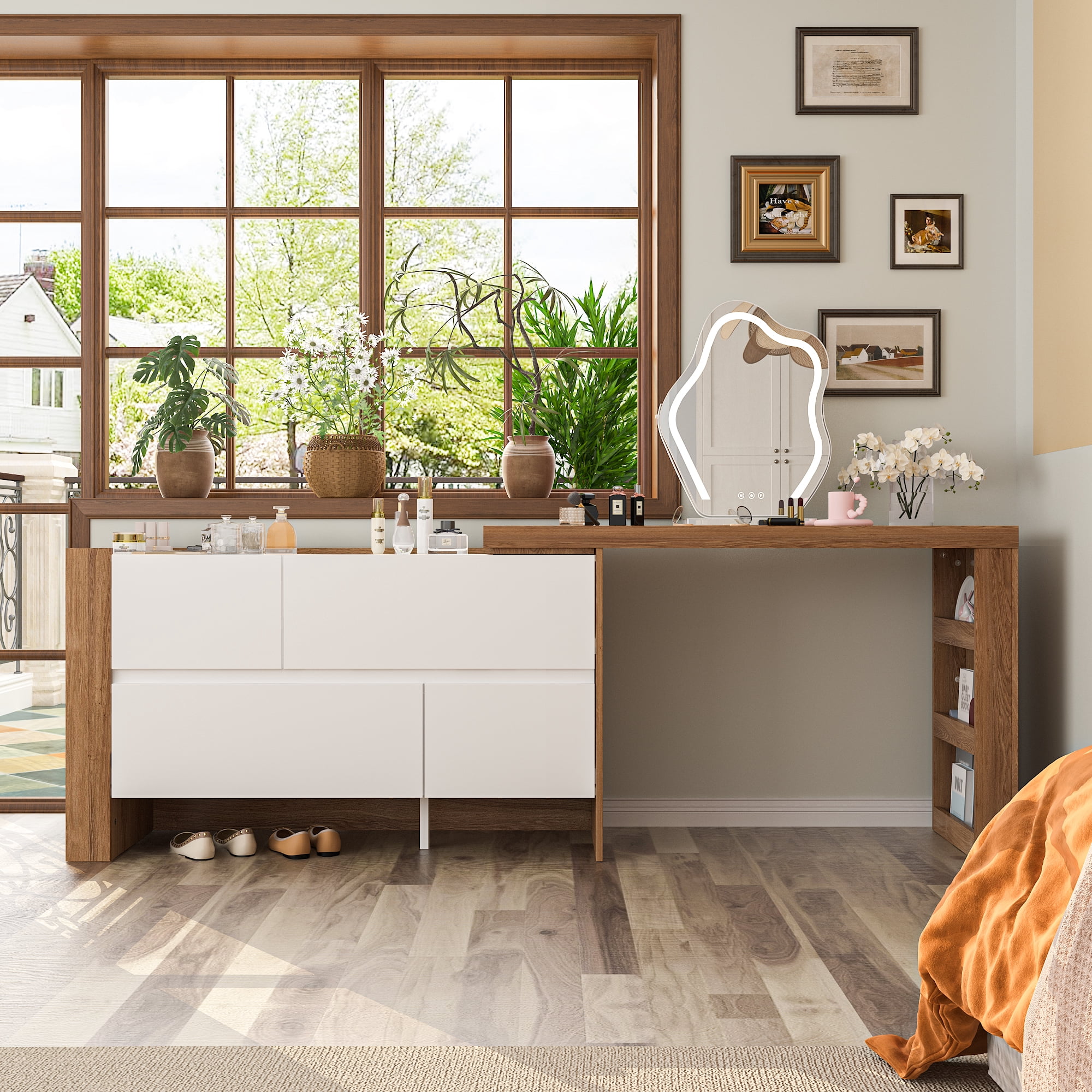 KULAGAGA L-Shaped Desk with Dresser, 3 Drawer Drawer with Shelves, White & Brown