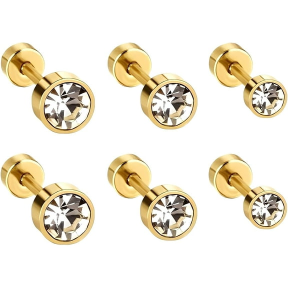 Surgical Steel Round CZ Cubic Zirconia Stud Earrings Set for Women Men | 3 Pairs 3-5mm Hypoallergenic Cartilage Jewellery | Flat Back Screw Lock for Tragus, Helix & Barbell Piercings