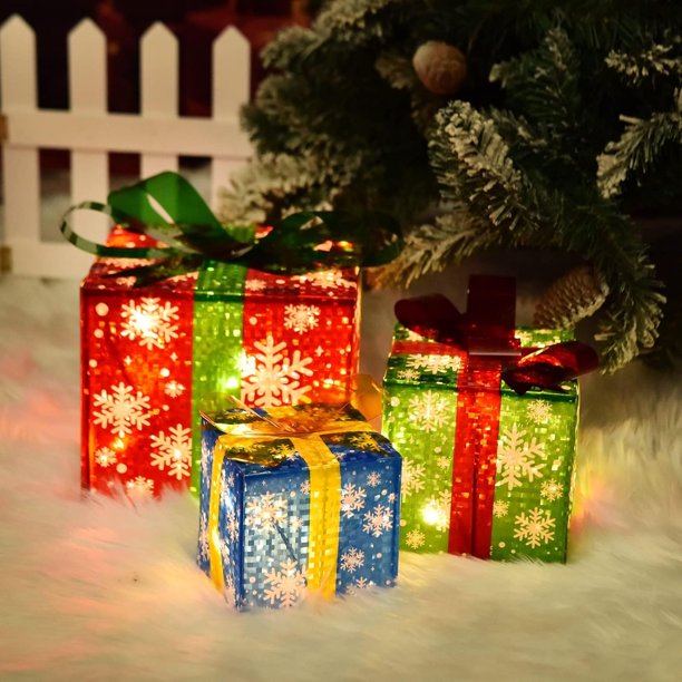 OVFEVER Cajas de Navidad iluminadas, juego de 3 cajas de Navidad con luz blanca, 60 LED, color rojo, verde, amarillo, Navidad, cajas de regalos para árbol de Navidad, patio, hogar