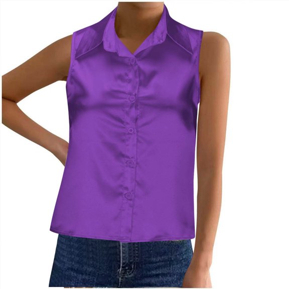 BSDJILFG Womens Camisoles Casual Solid Color Button Down Lapel Vest Shirts Tank Tops Satin Silky Blouse Loungewear Sleepwear Blouse S-3XL