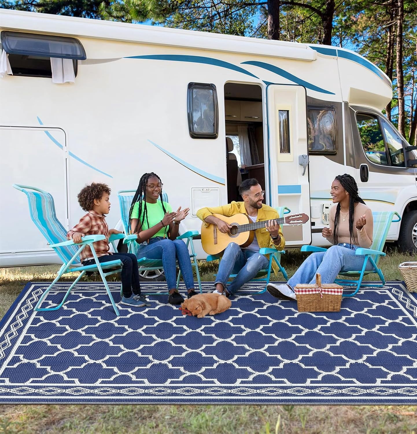 Memoryfield Waterproof Outdoor Rug 8x10ft for Patios, Plastic Straw Rug Outside Carpet Mats for Picnic, Backyard, Deck, Balcony, Porch, Beach, Dark Blue & White